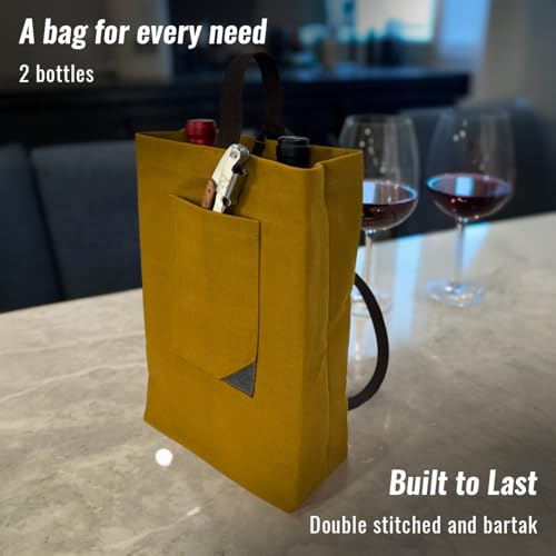 Under NY Sky Wine Tote Bag, Portable Canvas Carrier w/Shoulder Strap, Lightweight, Wine Gift for Travel & Picnic - Double Bottle - Mustard (Wine Bag 2 Slots Mustard) - color: Wine Bag 2 Slots Mustard