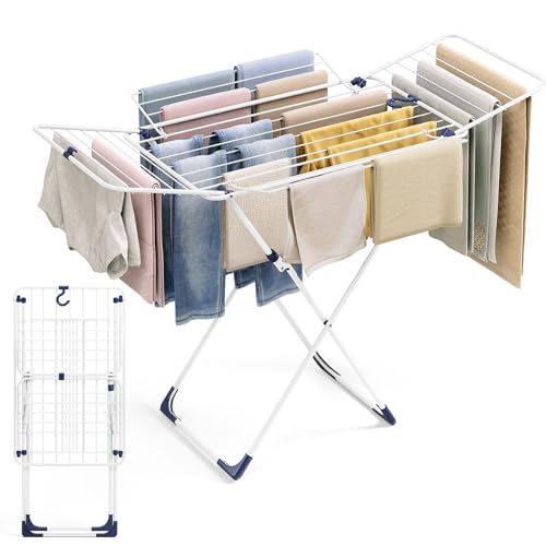 APEXCHASER Clothes Drying Rack, Metal Drying Rack Clothing, Laundry Rack Foldable, Space-Saving, Free-Standing Airer with 4 Gullwings, Indoor Outdoor Use, 55.12"*37.8"*17.52", White