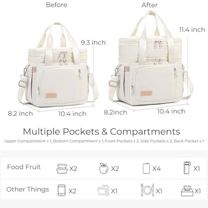 MAPLELILY Lunch Box for Men Women - Double Deck Insulated Lunch Bag, Large Leak Proof Tote Cooler, Wide Open Dual Compartment Lunch Bags with Shoulder Strap, For Work Picnic Hiking Beach, Beige - color: Beige