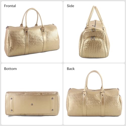 Weekender Bags for Women Woven Leather Travel Duffle Bag with Shoe Compartment, Carry On Garment Bag for Men Women, Large Capacity Water-resistant Gym Tote (Gold) - color: Gold