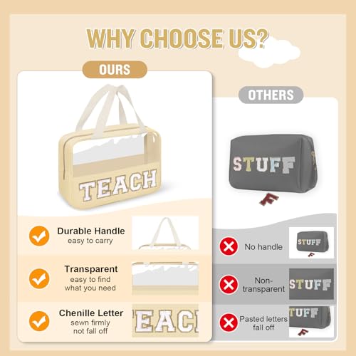 izuzta Teacher Appreciation Gifts TEACH Chenille Letter Clear Makeup Bag Pouch, Monogram Teacher Supplies Zipper with Handle Travel Cosmetic Bag Graduation Retirement Gifts for Women(TEACH-Beige) - color: TEACH-Beige