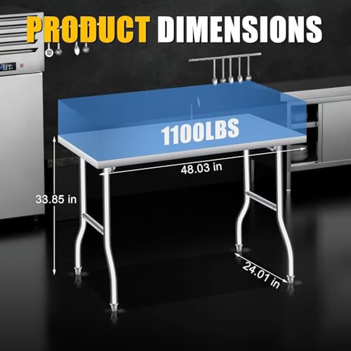 GlowSol Folding Stainless Steel Table 48 x 24 Inch, Metal Foldable Prep/Work Table, 1100 LB Load Capacity, No Assembly, Portable Workbench for Kitchen, Laundry, Restaurant, Camping, Garage - size: 48x24 in