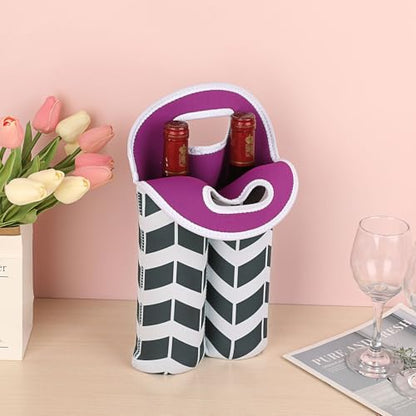 Hipiwe Wine Carrier Tote Bag for 2 Bottles - Neoprene Wine Bottle Holder with Carry Handle, Wine Protective Bag Insulated Bag Beer Cans Water Bottle Holder for Travel Picnic - style: Black and White Stripes +Purple