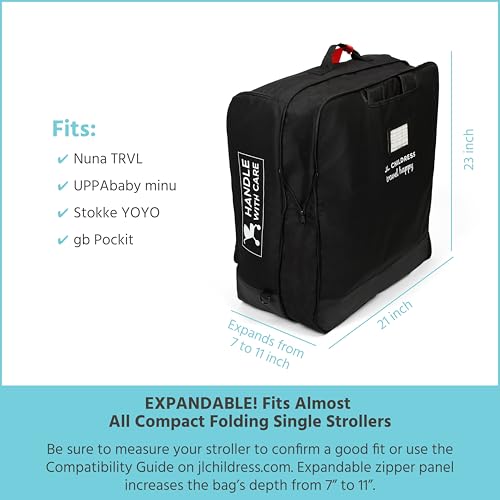 J.L. Childress Padded Compact Travel Stroller Bag for Airplane - Fits Most Compact-Fold Single Baby Strollers, AirTag Compatible, Black, Expands from 21"W x 23"H x 7"D to 21"W x 23"H x 11"D - style: Padded