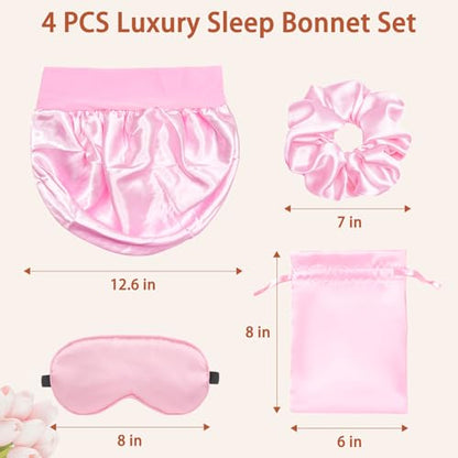 Satin Hair Bonnet Set for Sleeping, Hair Wrap Sleep Bonnets for Women Sleeping, Soft Bonnet for Long Hair, 4 PCS - color: Pink2