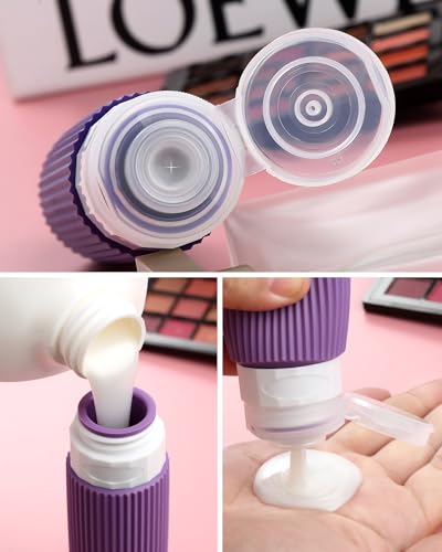 Mrsdry Travel Bottles for Toiletries - 8 Pack, TSA Approved 3oz Travel Containers, Leak Proof Silicone Squeezable Cream Jars with Clear Bag - color: Violet, size: Bottle 3oz Jars 1oz