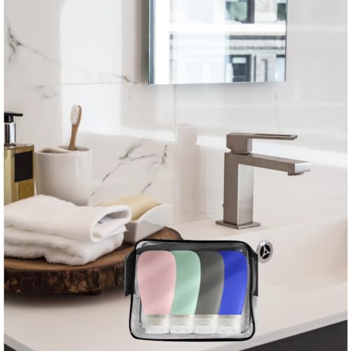 Travel Bottles for Toiletries, TSA Approved 3oz (90ml) Leak Proof Silicone Refillable Squeeze Travel Size Containers BPA Free for Cleansers, Lotions, Shampoo 4pk-With Bag (P,G,Blk,BL) - color: Pink-Green-Blue-Black