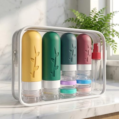 DEPOZA Travel Bottles Kit (16 Pack) - TSA Approved, Leak Proof Silicone Squeezable Containers for Toiletries. Complete Set with Jars, Sprayers & Bag (Wine Red) - color: Wine Red