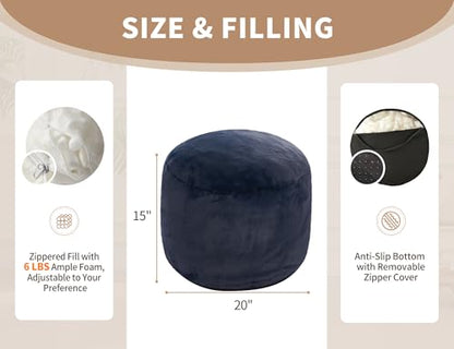 WSOFRLAC Boho Ottoman Living Room Furniture 20"x15" Round Ottomans Pouf Couch Foot Rest Navy Pouf Ottoman Foot Rest with Foam Chunk Filling Pouffe Ottomans Stuffed Foot Rests Poufs for Couch - color: Navy, size: 20"D x 20"W x 15"H