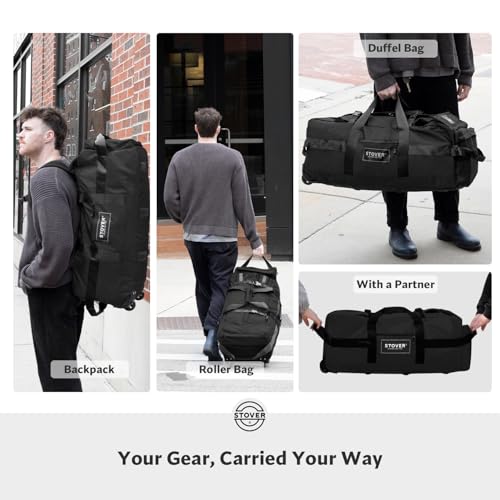 STOVER 45/80/100L Rolling Duffel Bag with Wheels, Large Durable Travel Duffle + Toiletry Bag, Heavy Duty, Packable, Foldable with Shoulder Straps- Use as Luggage or Backpack, Men/Women (Black) - color: Black