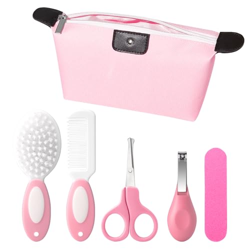 5-Piece Baby Grooming Kit with Multi-Use Storage Pouch - Infant Brush,Rounded Comb,Scissors,Nail Clippers & Emery Board -Essentials for Newborn Care & Travel Pink - color: 5pcs Pink 3
