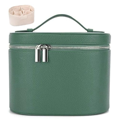 Leather Make Up Bags With Compartments, Brown travel Cosmetic Bags for Women, Parallel Makeup Travel Bags Organizer Equipped With a Detachable Divider (green) - color: Green