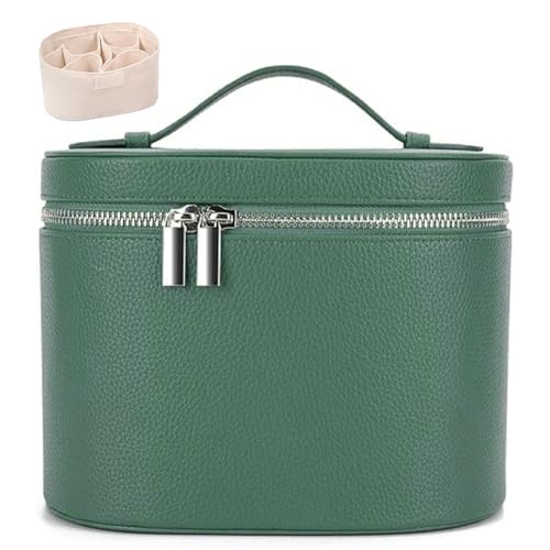 Leather Make Up Bags With Compartments, Brown travel Cosmetic Bags for Women, Parallel Makeup Travel Bags Organizer Equipped With a Detachable Divider (green) - color: Green