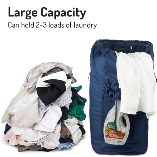 Seiritex Laundry Bag Backpack with Detergent Holder and Adjustable Shoulder Straps, Clothes Laundry Backpack for College, Travel, Apartment, Laundromat, Dorm Room (Blue) - color: Blue