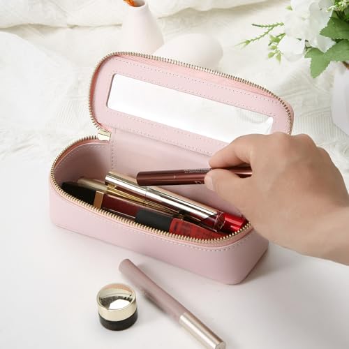 Aveniee Clear Makeup Brush Bag, Slim Cosmetic Brush Holder, small Toiletry Bag Mini Travel Case for Women, Thin Make up Bags with Dual Zipper, Cute Travel Essentials Organizer,Pink - color: Pink, style: Slim Elegance