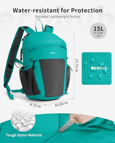 ECOHUB 15L Lightweight Casual Daypack, Packable Backpack for Daily Use, Hiking & Travel, Foldable Small Backpack with Stretch Mesh Pockets, Water-Resistant Nylon, Reflective Design - color: Pacific Teal