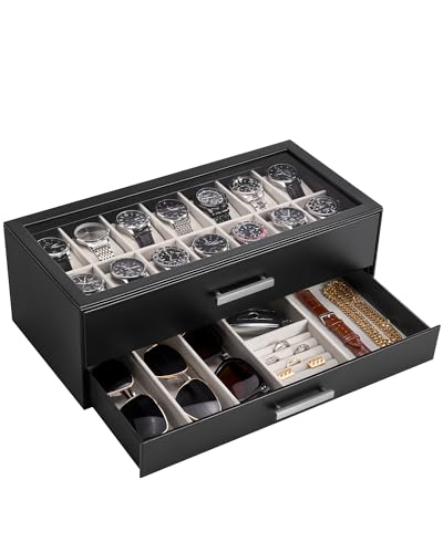 ProCase 14-Slot Watch Box, 2-Tier Pull-Out Drawers Display Case for Men with Clear Top Lid, Watches Jewelry Sunglass Storage Holder Organizer for Husband Dad, Gift Choice for Father's Day -Black - color: Black, size: 14-Slot