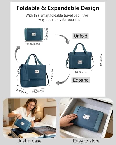 Foldable Travel Duffel Bag for Women, 40L Expandable Carry on Bag Personal Item Flight Approved, Overnight Weekender Bag with Wet Pocket for Gym Travel, Water-Resistant Nylon, Peacock Blue - color: Peacock Blue