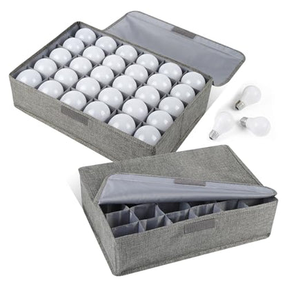 Light Bulb Organizer Storage Box with Lid, Foldable Dustproof Storage Container with 30 Dividers Sturdy PP Board Fits Various Standard Bulbs Fabric Case for Home, Grey, 17 x 11.42 x 5.13 Inches