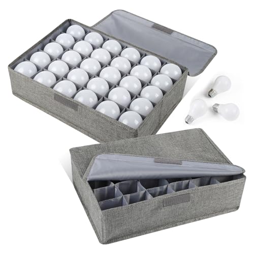 Light Bulb Organizer Storage Box with Lid, Foldable Dustproof Storage Container with 30 Dividers Sturdy PP Board Fits Various Standard Bulbs Fabric Case for Home, Grey, 17 x 11.42 x 5.13 Inches