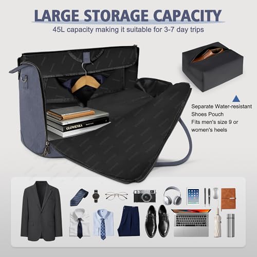 Geestock Garment Bags for Travel, Convertible Suit Travel Bag for Men & Women, Carry On Garment Bag with Shoe Pouch & Shoulder Strap, 2 in 1 Foldable Oxford Duffel Bags, Blue - color: Blue