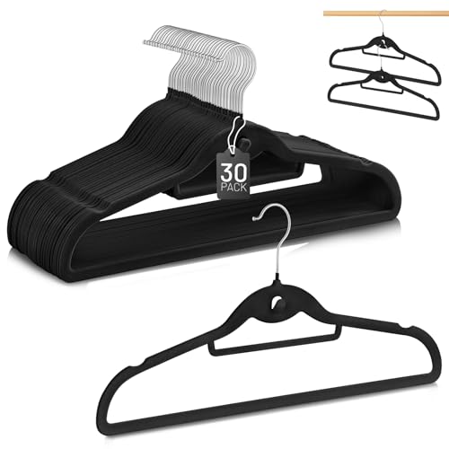 Velvet Stackable Hangers 30 Pack, STOPKLAS Black Clothes Hanger Non Slip Felt Hangers with 360° Swivel Hook, Thin Hanger Space Saving, Heavy Duty Closet Hanger for Clothes, Coats, Suits, Dress, Pants - color: Black