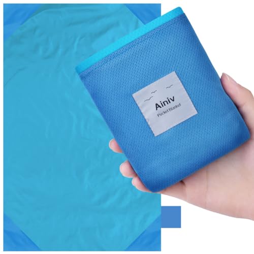 Ainiv Picnic Blanket, Mini Pocket Beach Mat 55.1 x 70.8IN (3-5 People) Foldable, Lightweight Waterproof Sand Free, Foldable Thin Ground Sheet for Outdoor Camping Hiking Travel - with Hand Strap - color: Blue, size: 55.1 x 70.8''(L for 3-5 person)
