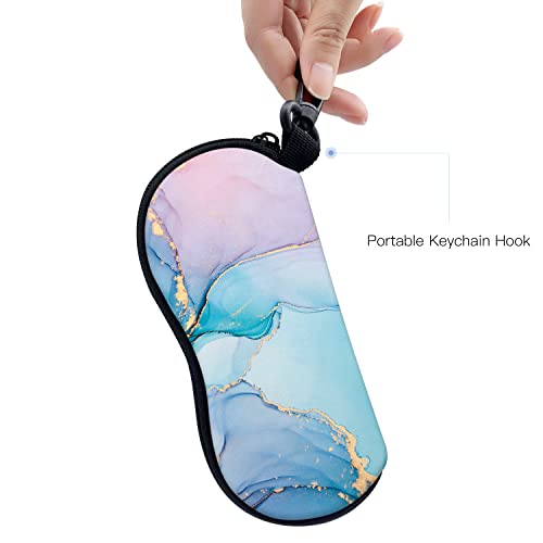 Sunglasses Soft Case with Carabiner Ultra Light Neoprene Zipper Glasses Case - color: Pink Blue Marble
