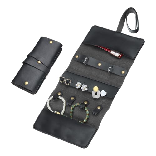 uxcell Travel Jewelry Roll Bag, Foldable Travel Jewelry Organizer Case, Portable Jewelry Pouch for Traveling Rings Necklaces Earrings Bracelets Jewelry Storage, Black - color: Black