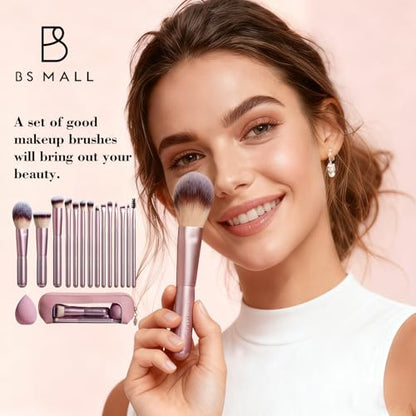 BS-MALL 14 Pcs Makeup Brushes Set with 1 Pcs Makeup Sponge – Essential Foundation Powder Concealers, Eye Shadows, Blush Makeup Brushes with Travel Makeup Case (Matte Gold Pink) - color: Matte Gold Pink