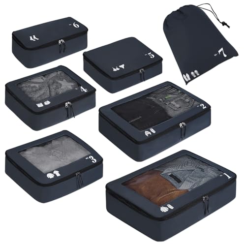 ECOHUB 7 Set Packing Cubes Tear-Resistant Luggage Packing Organizers with Number Icon for Travel Accessories Luggage Suitcase Machine Washable Packing Cubes (Dark blue) - color: Dark blue-No Compress, size: 7 Set Packing Cubes