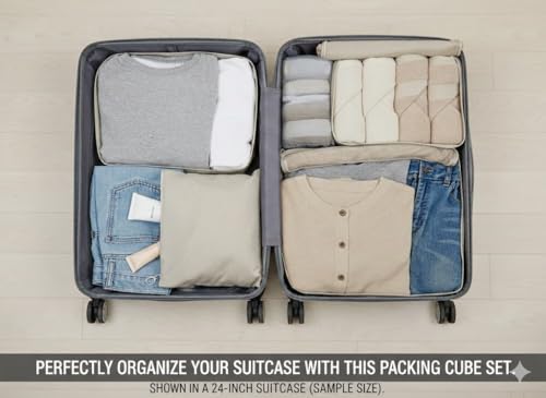 4-Piece Travel Packing Cubes Set for Suitcases - Lightweight Mesh Luggage Organizers - Beige Travel Essentials Bag Set for Clothes, Underwear, and Toiletries (Minimalist Neutral Design)