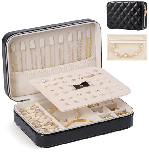 Lolalet Travel Jewelry Case for Women Girls, PU Leather Jewelry Organizer with Clear Storage Bag Small Portable Jewelry Box for Necklace Bracelet Earring Ring Birthday Bridesmaid Gifts -Large/Black - color: Black, size: Large (8.2"W*4.2"D*2.4"H)