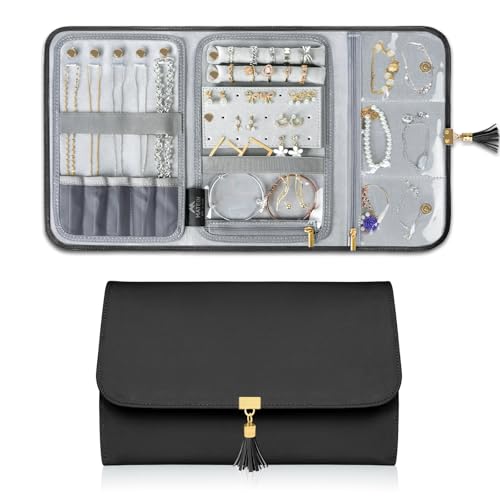 MATEIN Black Travel Jewelry Organizer, Vegan Leather Big Jewelry Rolls for Travel with Clear Pockets, Tangle-Free Necklace Holder for Daily Jewels Earrings Rings Bracelets, Valentine Gifts for Women - color: Black