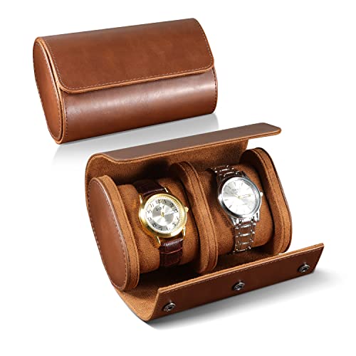 ROSELLE Watch Roll Travel Case for Men and Women- 2 Watch Storage and Organizer-Secure Storage with Innovative Removable Pillows & Solid Dividers for Home, Travel and Display (Brown-2 Slot) - color: Brown-2