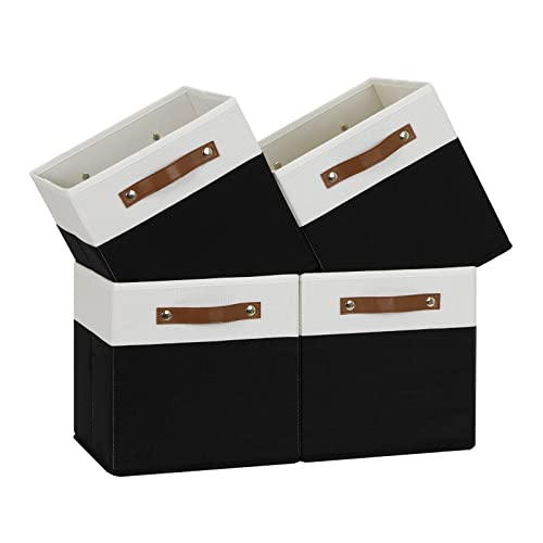 Temary 11 inch Cube Storage Bin 4 Pack Fabric Storage Cubes for Home, Fabric Storage Bin Storage Cube Bins with Leather Handles(White&Black) - color: White&Black, size: 11×11×11