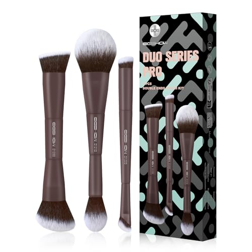 EIGSHOW Makeup Brush Set 3Pcs, Double Sided Foundation Contour Powder Highlight Concealer Brush for Liquid, Cream & Powder, Fit for Home, Travel & Gifting (Mocha) - color: Brown