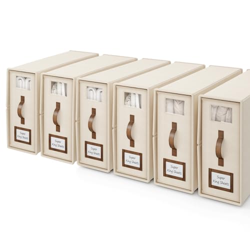 6 Pack Foldable Bed Sheets Set Organizers and Storage(Cal King Size),Linen Fabric Closet Organizers with Window,Folding Bedding Storage Box for Bedsheets and Pillow Cube Organizer-Beige - color: Beige, size: 6 Pack-Cal King Size-5.2 Gal