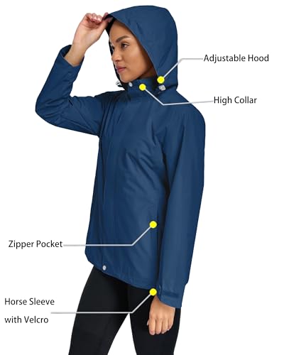Hount Womens Waterproof Raincoat Lightweight Packable Striped Lined Rain Jacket Casual Travel Outdoor Hooded Jakctes - color: Dark Blue, size: Large