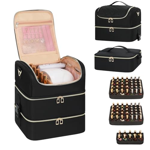 Nail Polish Organizer & Tattoo Travel Case - 3-Layer Nail Organizers and Storage Bag Holds 86-100+ Bottles, Portable Nail Supplies Organizer, Nail Tech Kit Box, Multi-Functional Cosmetic Case - color: Black, size: 86 Slots