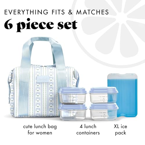 Fit & Fresh Remi Lunch Bag for Women Work – Neoprene Lunch Tote with Containers & Ice Pack, Reusable Meal Prep Lunch Box, Large Capacity, Machine Washable, Blue Wallpaper Bows - color: Blue Wallpaper Bows