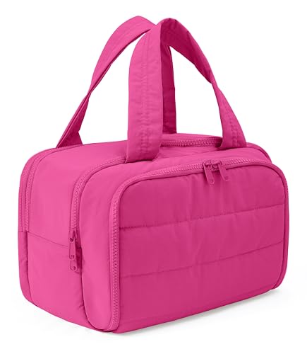 Travel Toiletry Bag for Women, Large Wide-open Puffy Cosmetic Makeup Bag with Wet-Dry Separation, Multi-Pocket Organizer with Carry Handle for Toiletries, Cosmetics, Essentials, Rose Red - color: Rose Red