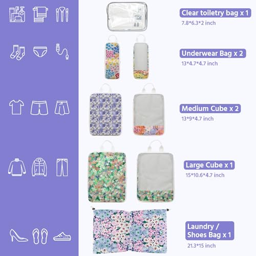 7 Pcs Compression Packing Cubes for Travel, Waterproof Suitcase Luggage Backpack Organizer with Toiletry Bag Travel Essentials for Women/Men-Flowers - color: Multi-Flowers