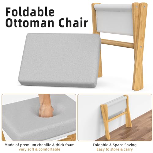 BAMBOOHOMIE Foldable Foot Stool Ottoman, Modern Foot Rest with Bamboo X Legs & Thick Foam Cushion, Folding Foot Stools Small Padded for Bedroom Living Room, Footstool for Chair Couch (Natural - Grey) - color: Natural - Grey
