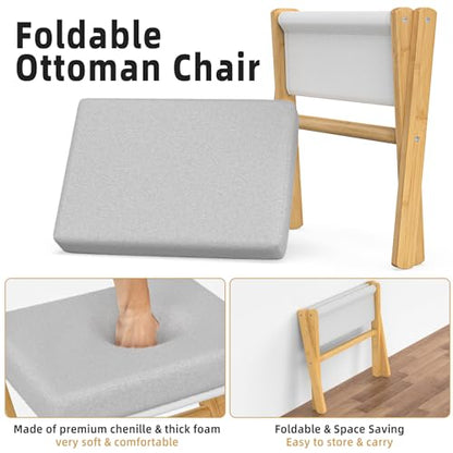 BAMBOOHOMIE Foldable Foot Stool Ottoman, Modern Foot Rest with Bamboo X Legs & Thick Foam Cushion, Folding Foot Stools Small Padded for Bedroom Living Room, Footstool for Chair Couch (Natural - Grey) - color: Natural - Grey