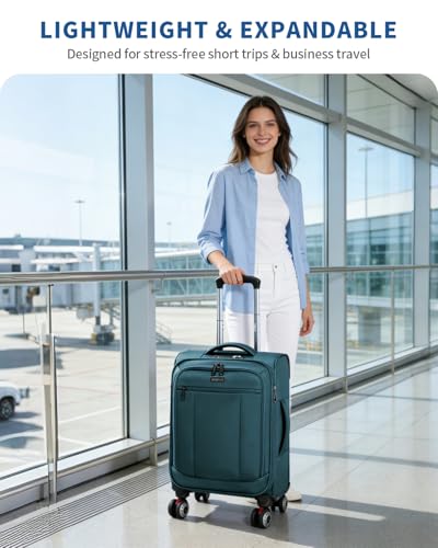 ECOHUB Carry On Luggage Airline Approved, 21 Inch Height Softside Carry On Suitcase with Spring Shock-Absorbing Spinner Wheels, Lightweight Travel Luggage with TSA Lock, Fits 22x14x9 Carry-On Bag - color: Turquoise