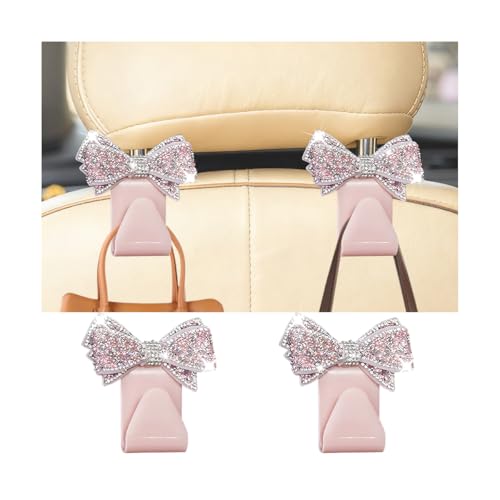 2PCS Bling Bow Car Seat Headrest Hook, Lovely Crystal Rhinestone Back Seat Storage Organizer for Handbag Purse Coat, Girly Sparkling Diamond Backseat Bag Hanger Holder, Universal Fit (Pink) - color: Pink