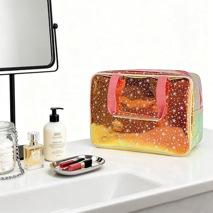 Holographic Brown Clear Star Large Cosmetic Bag and TPU Travel Pouch with Handle,Durable Material,Zipper Design-Ideal for Makeup,Travel Essentials 11.81x5.12x8.27inch (Brown) - color: Red