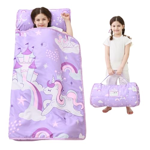 Lasoftan Toddler Nap Mat with Pillow and Blanket, Extra Large Rolled Napping Mats,Slumber Bags for Boys Girls,Kids Sleeping Bag for Daycare, Preschool Travel Camping - color: Purple Unicorn