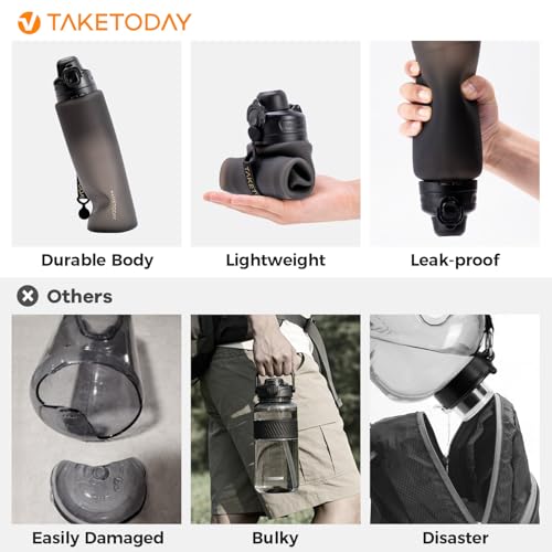 TakeToday Collapsible Water Bottles 32oz, Foldable Travel Bottle, TSA-Approved Leakproof Newly Silicone Water Bottle for Hiking, Travel, Outdoors, Black - color: Black